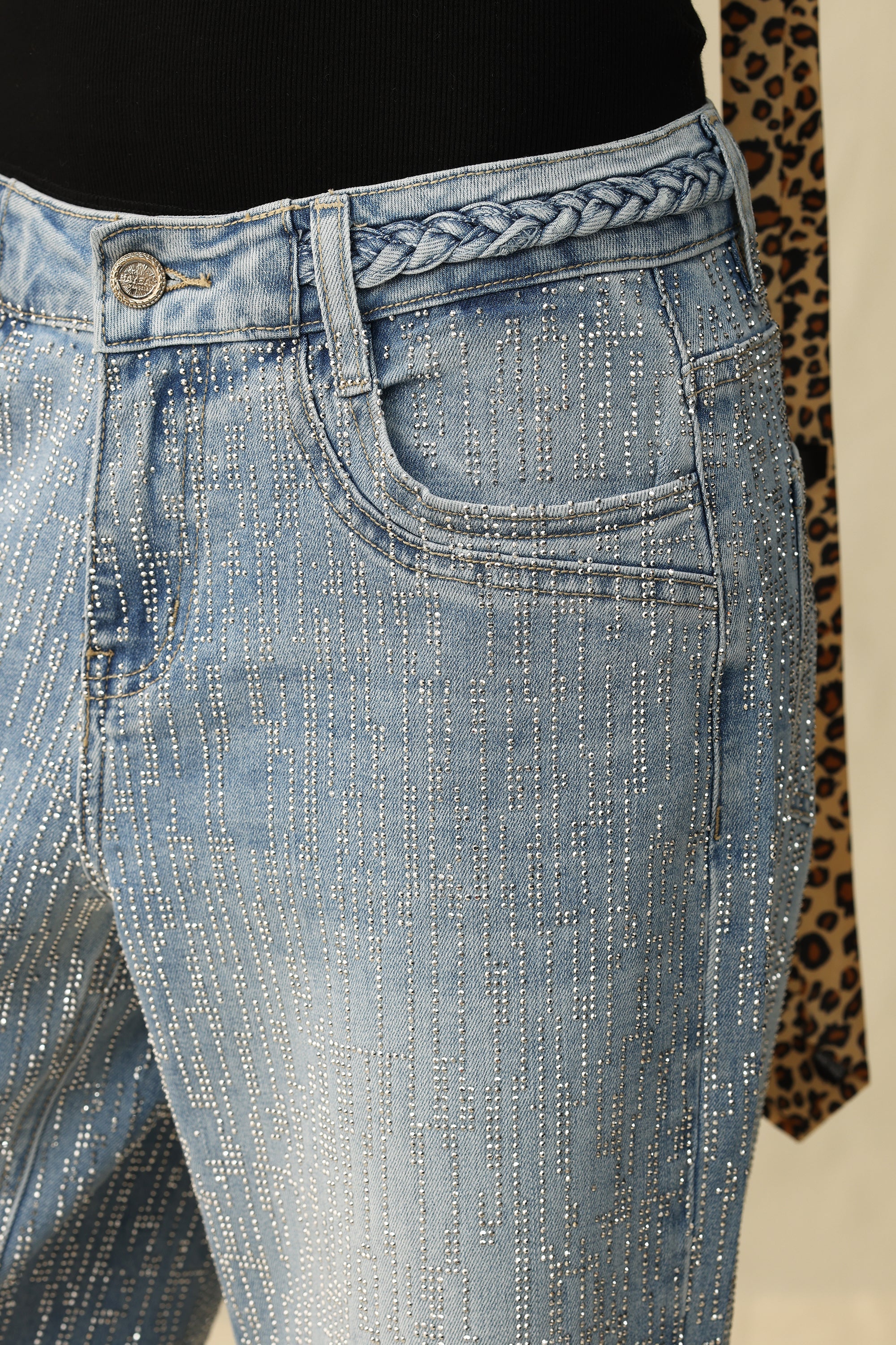 Amira Rhinestone Mid Rise Jeans