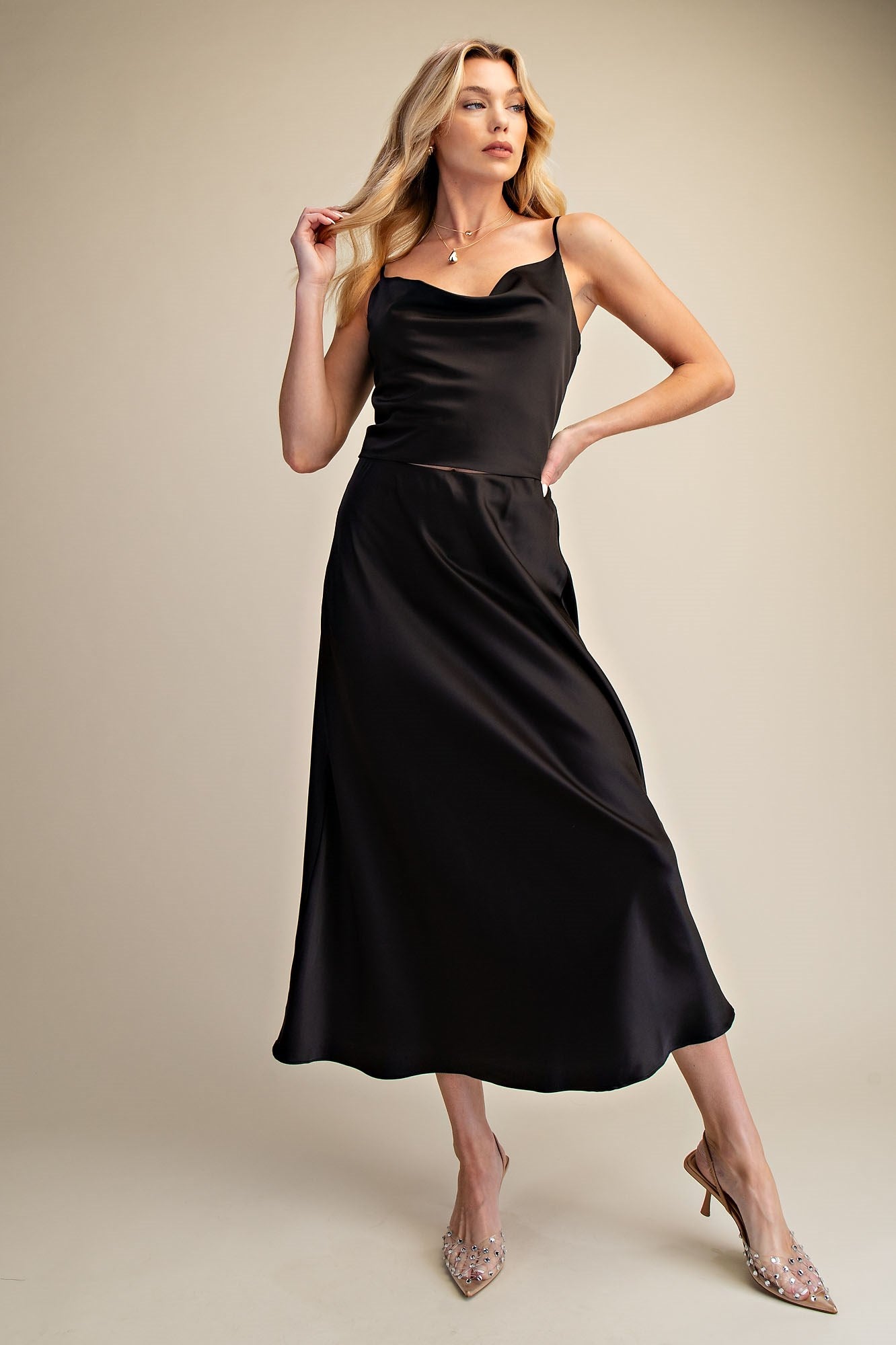 Simone Satin Flare Midi Skirt