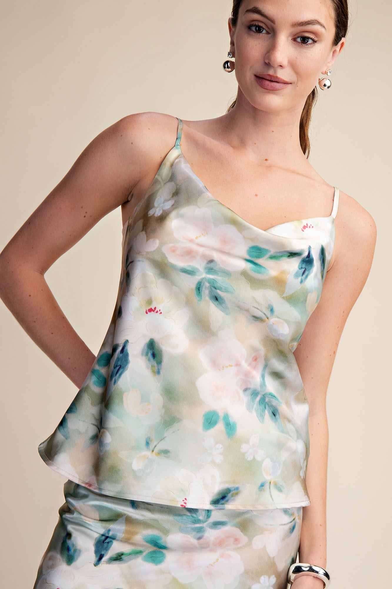 Elise Floral Satin Cowl Neck Top