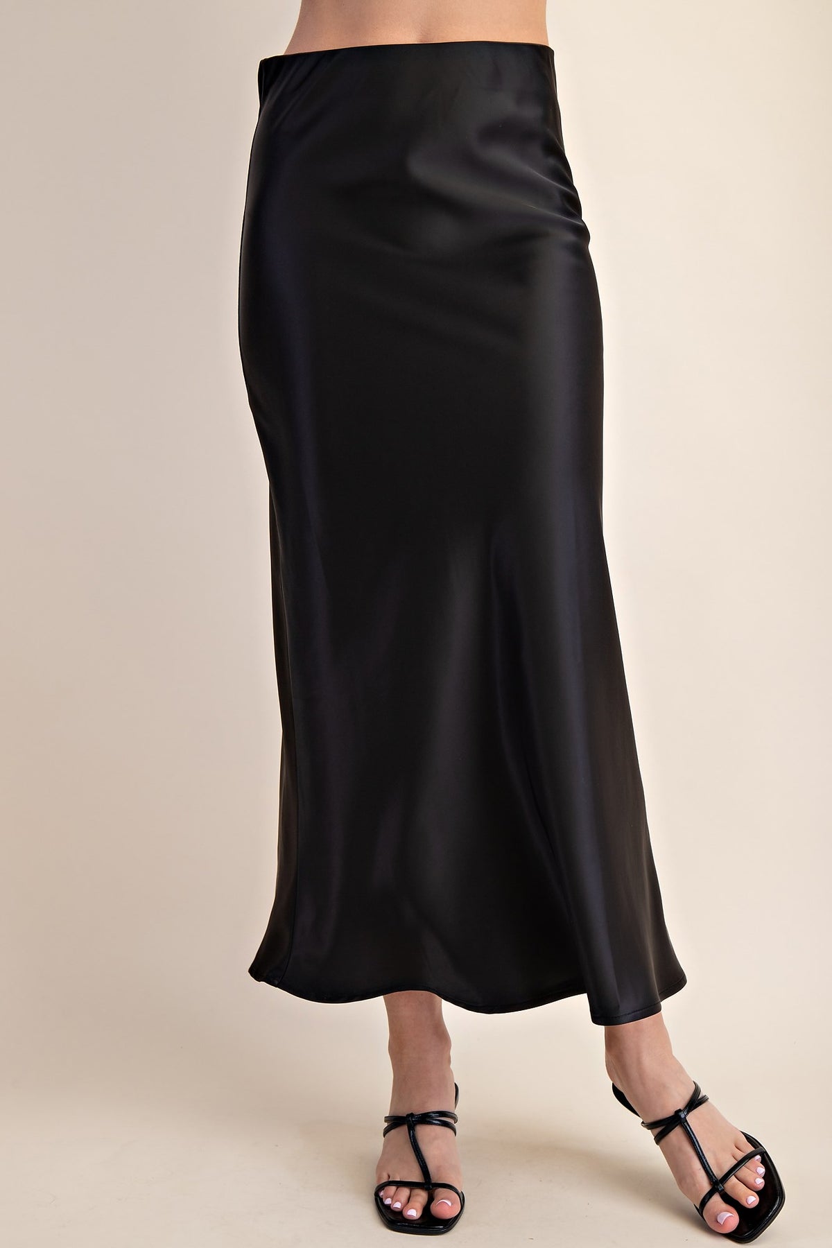 Celia Satin Midi Skirt in Black