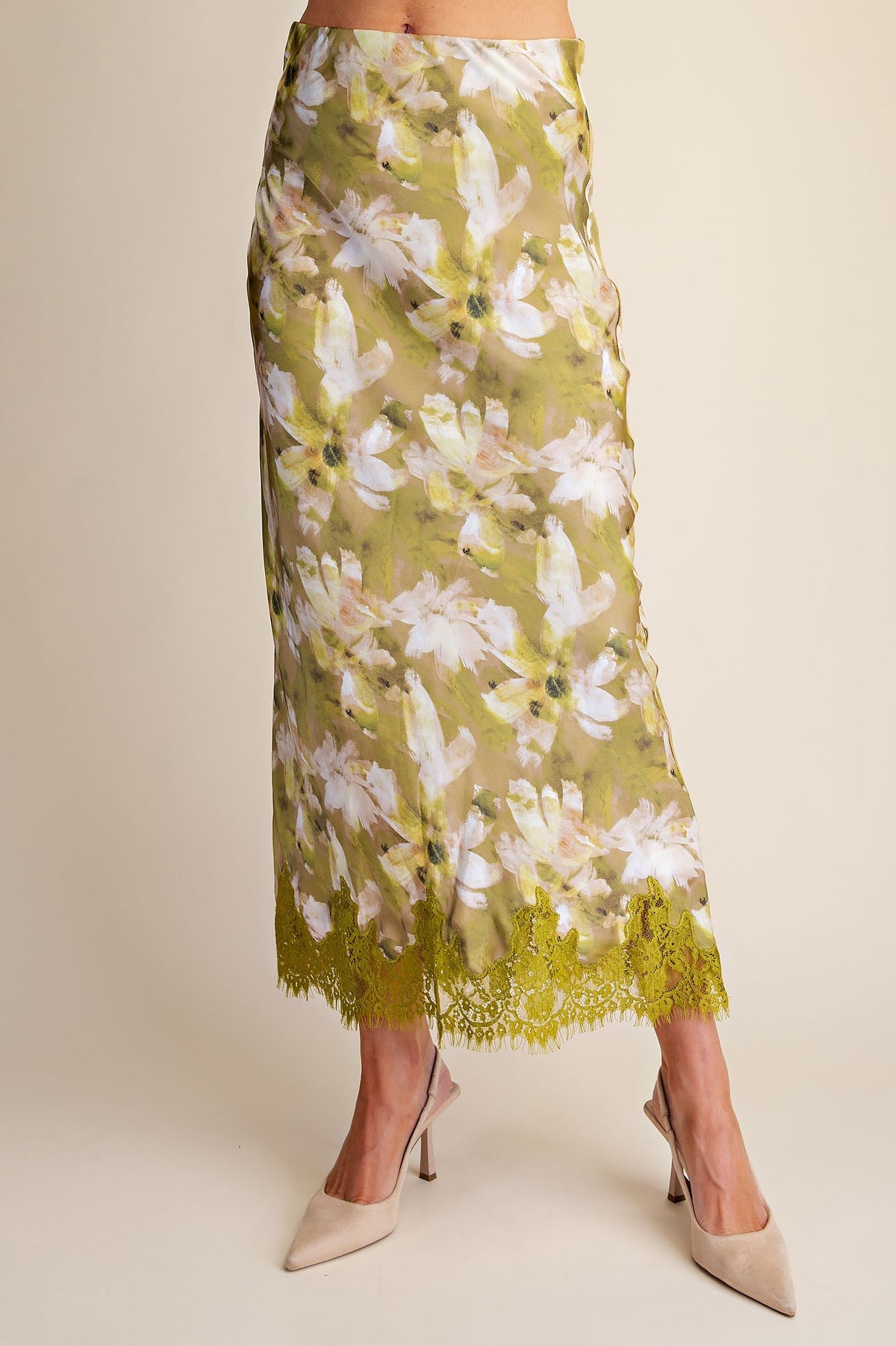 Elizabeth Satin Midi Skirt with Lace Trim