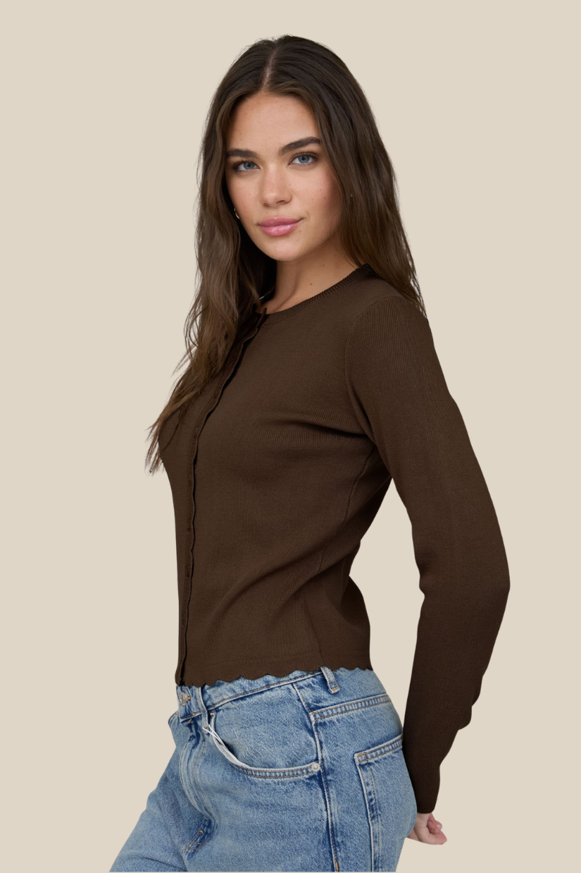 Madeline Scalloped Long Sleeve Knit Cardigan in Brown