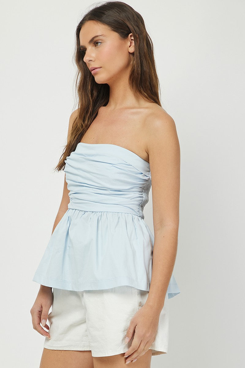 Mila Peplum Strapless Top in Light Blue