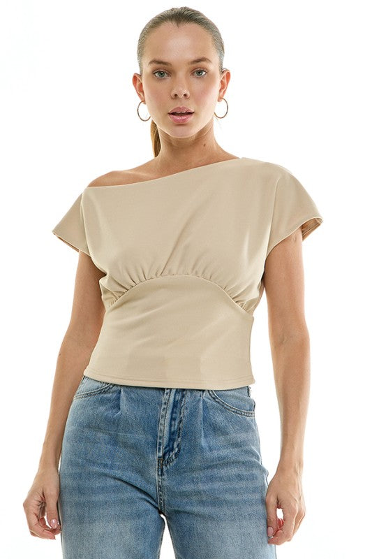 Eden Asymmetric Drape Top in Beige