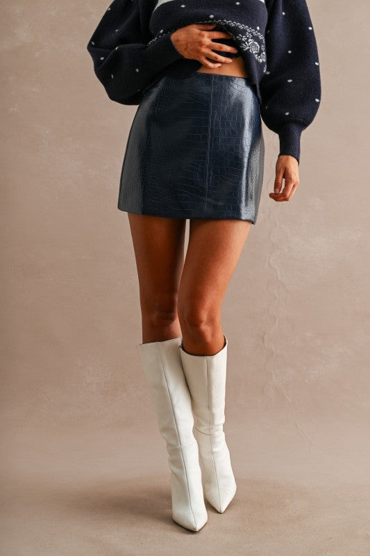 Camila Faux Crocodile Leather Mini Skirt in Navy