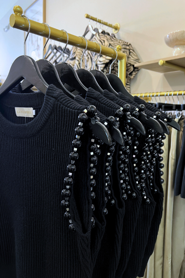 Remi Beaded Sleeveless Sweater Top in Black