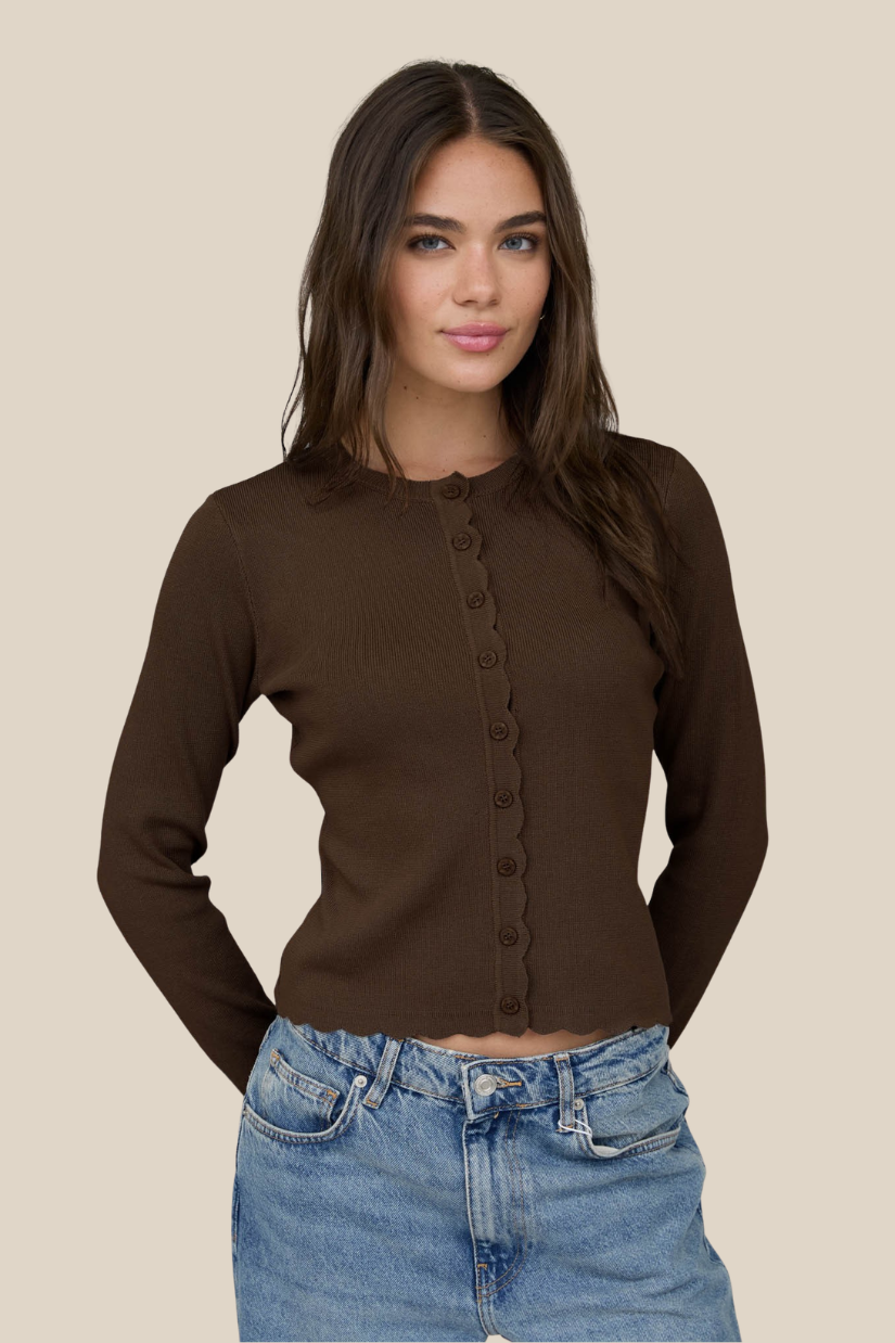 Madeline Scalloped Long Sleeve Knit Cardigan in Brown