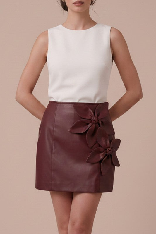 Rosie Flower Appliqué Faux Leather Mini Skirt