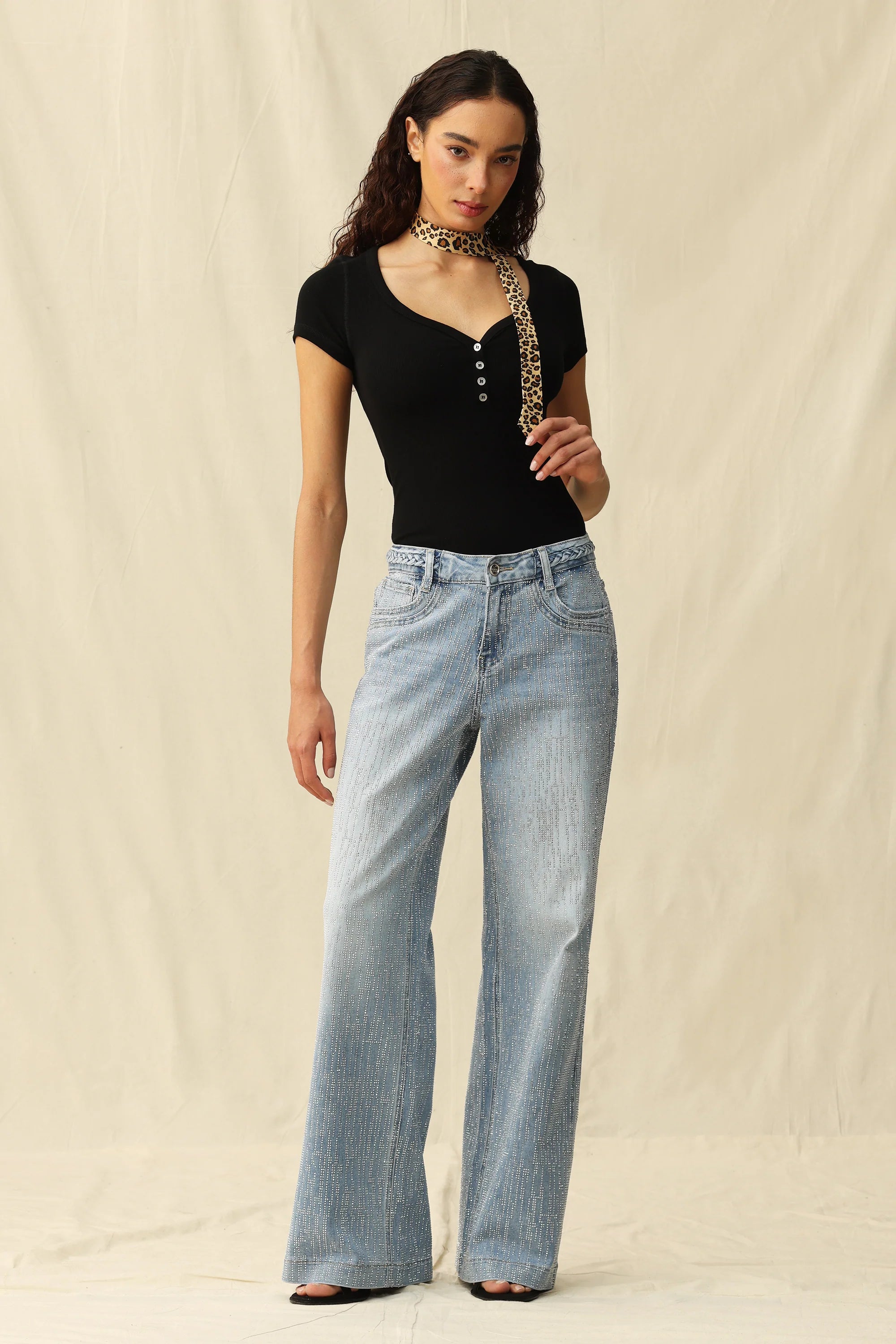 Amira Rhinestone Mid Rise Jeans
