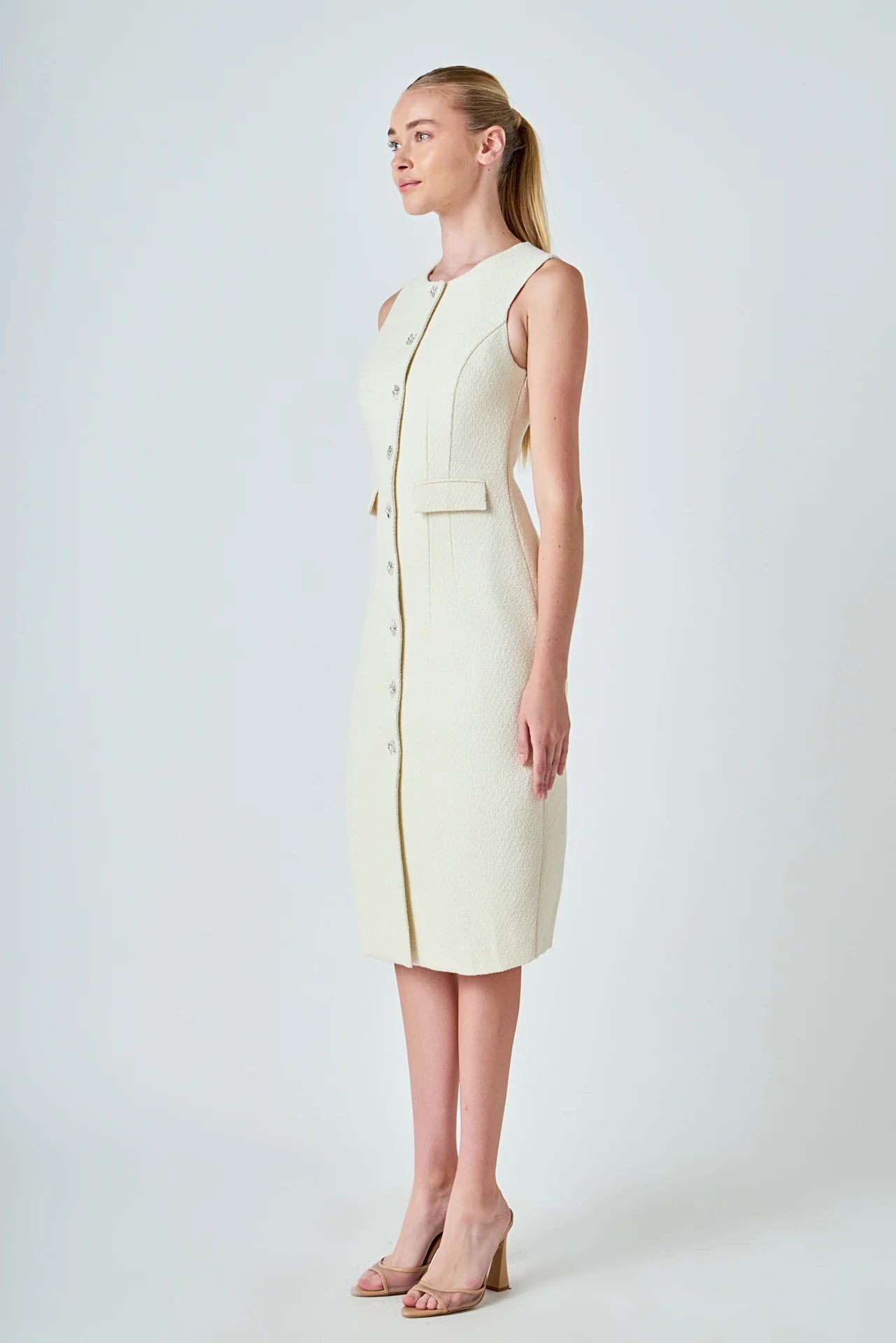 Clara Tweed Midi Dress with Jewel Buttons