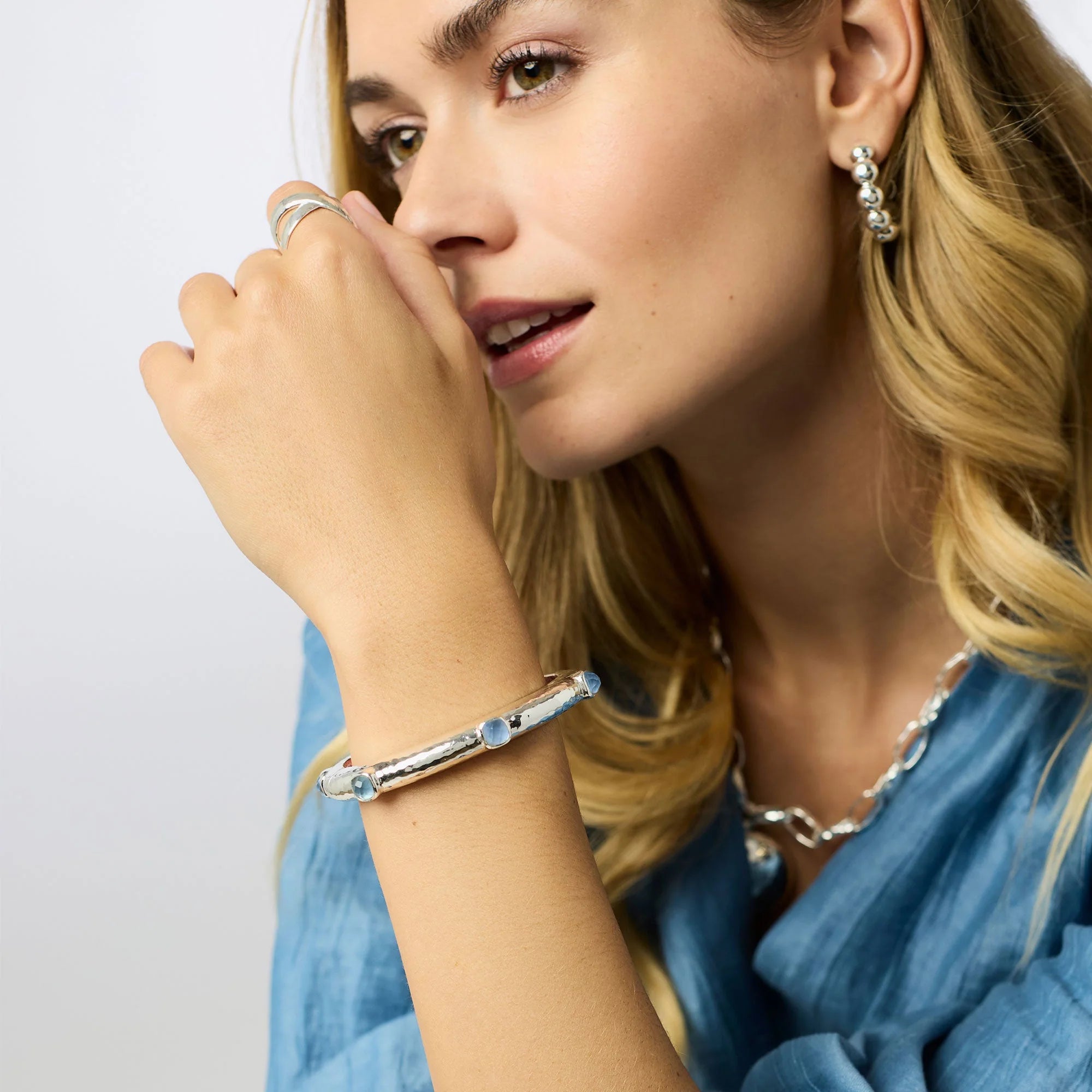 Catalina Hinge Bangle in Silver Iridescent Chalcedony Blue