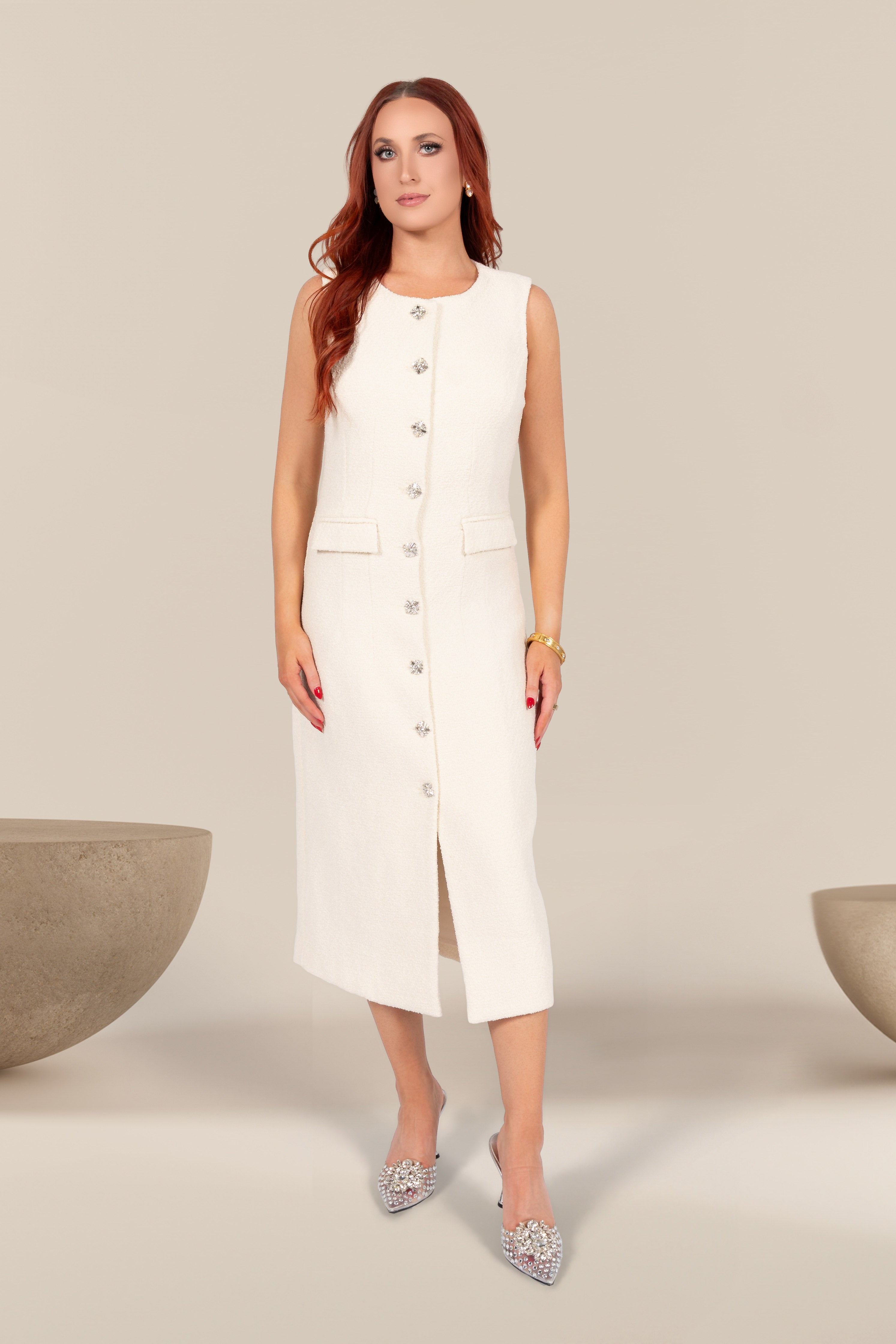 Clara Tweed Midi Dress with Jewel Buttons