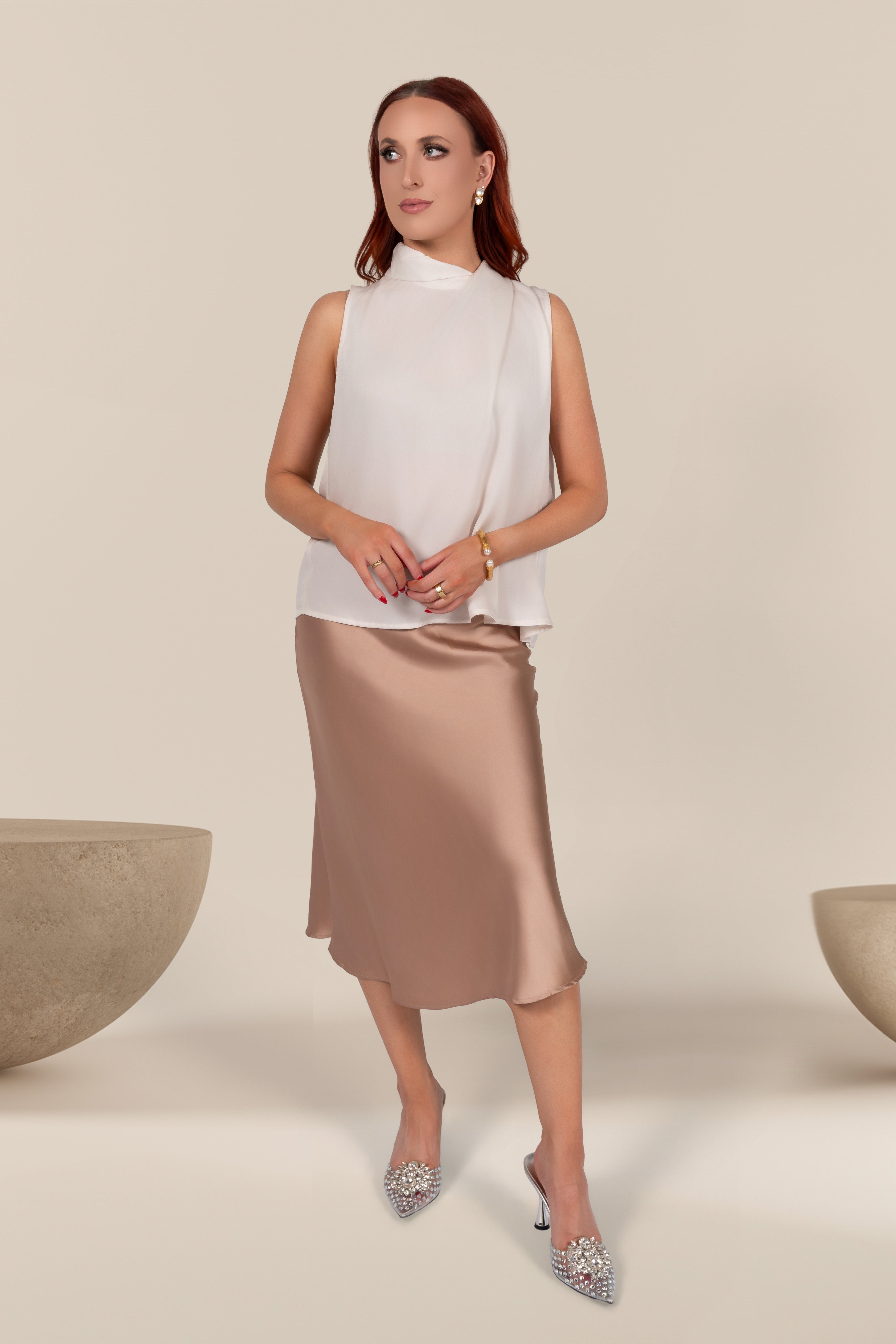 Delphine Satin Midi Skirt in Light Gold