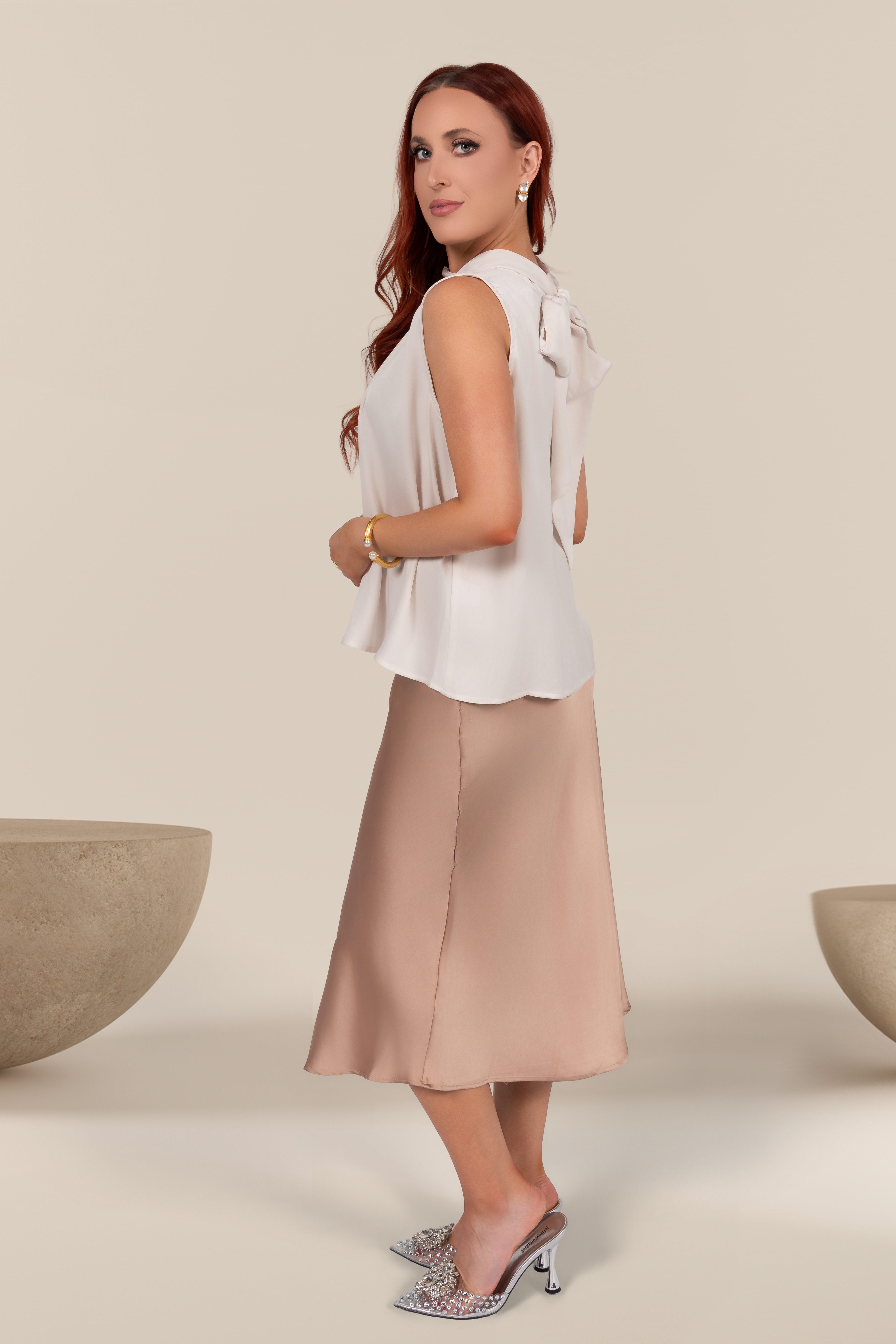 Delphine Satin Midi Skirt in Light Gold