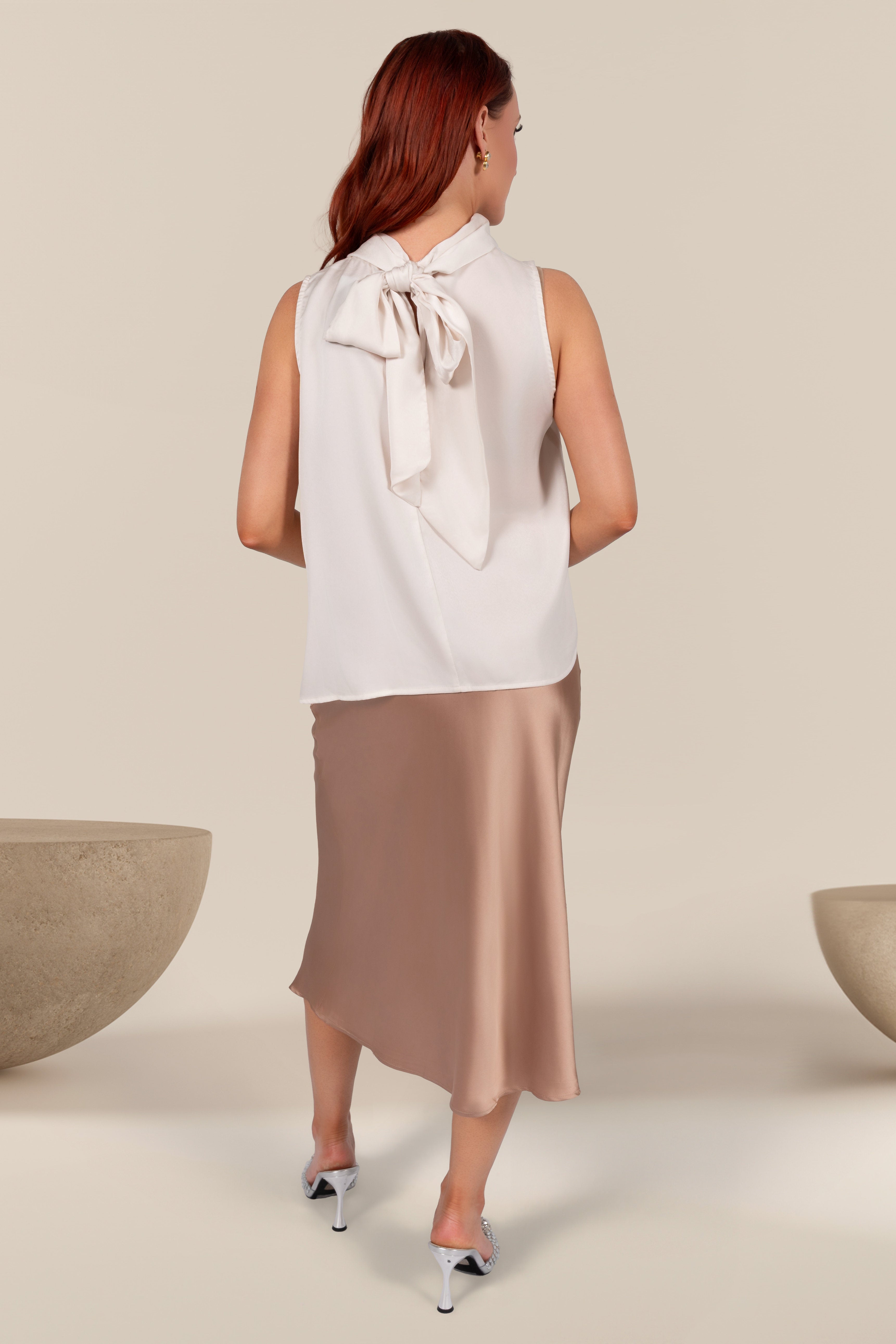 Delphine Satin Midi Skirt in Light Gold