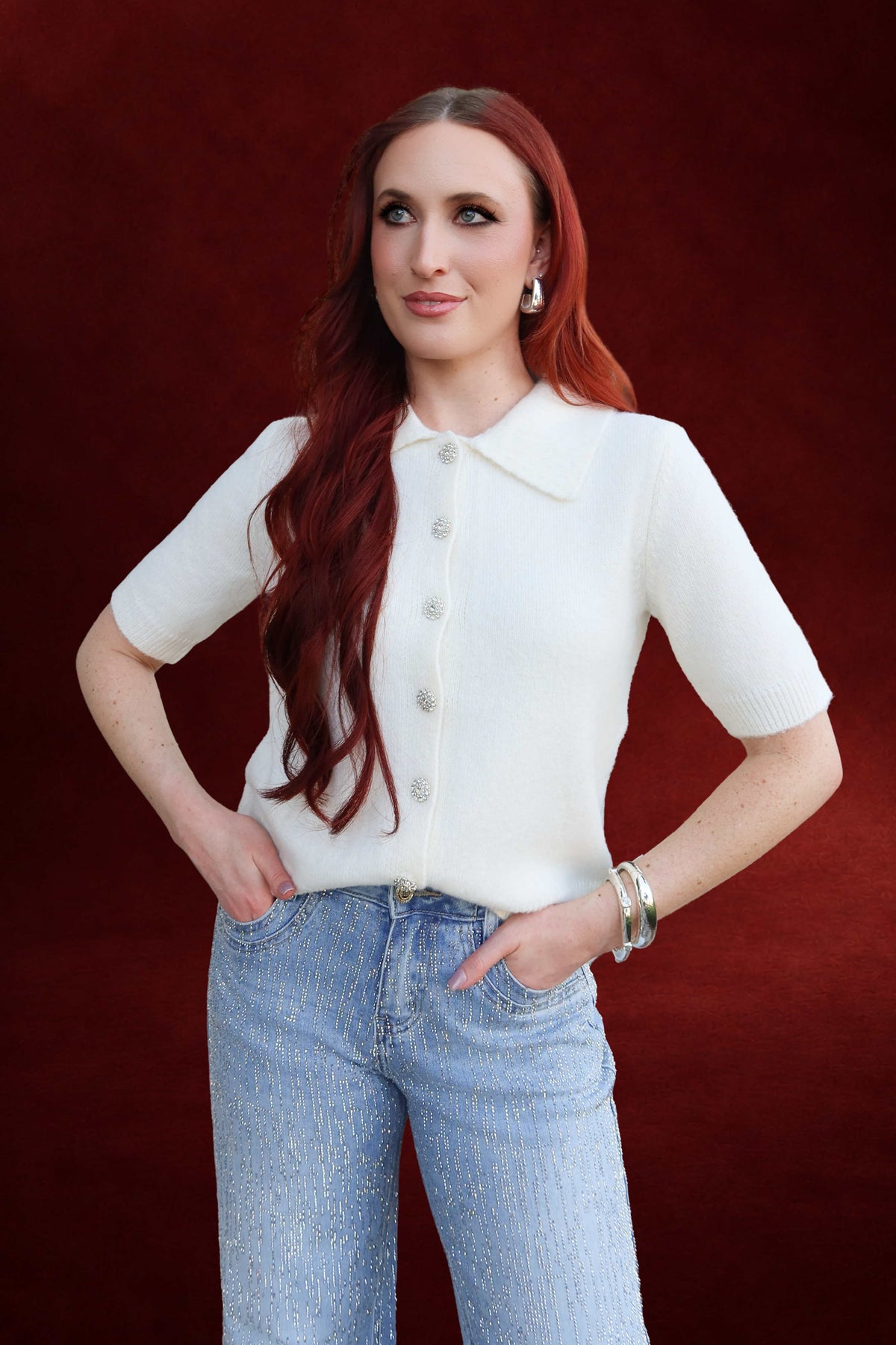 Adeline Button Front Sweater Top in Cream