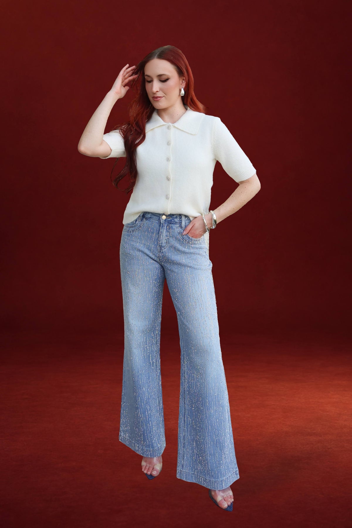 Amira Rhinestone Mid Rise Jeans