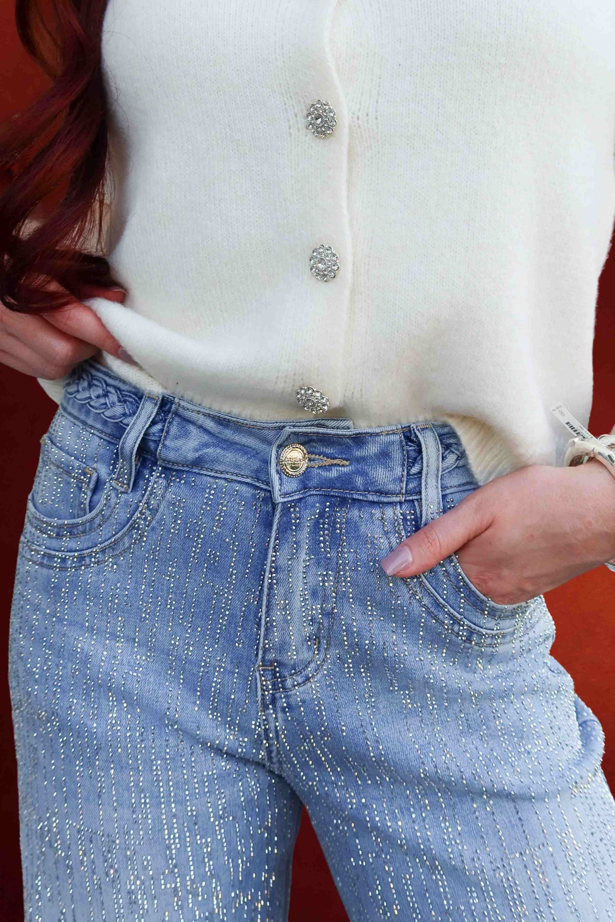 Amira Rhinestone Mid Rise Jeans