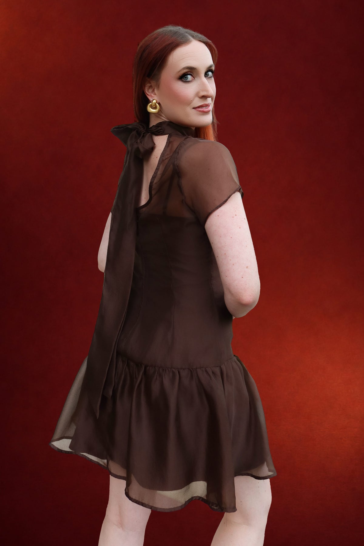 Ophelia Organza Mock Neck Mini Dress in Brown