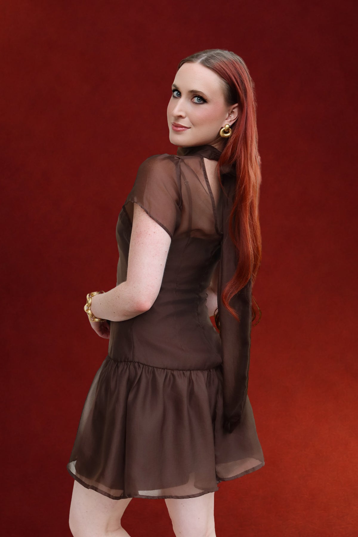 Ophelia Organza Mock Neck Mini Dress in Brown