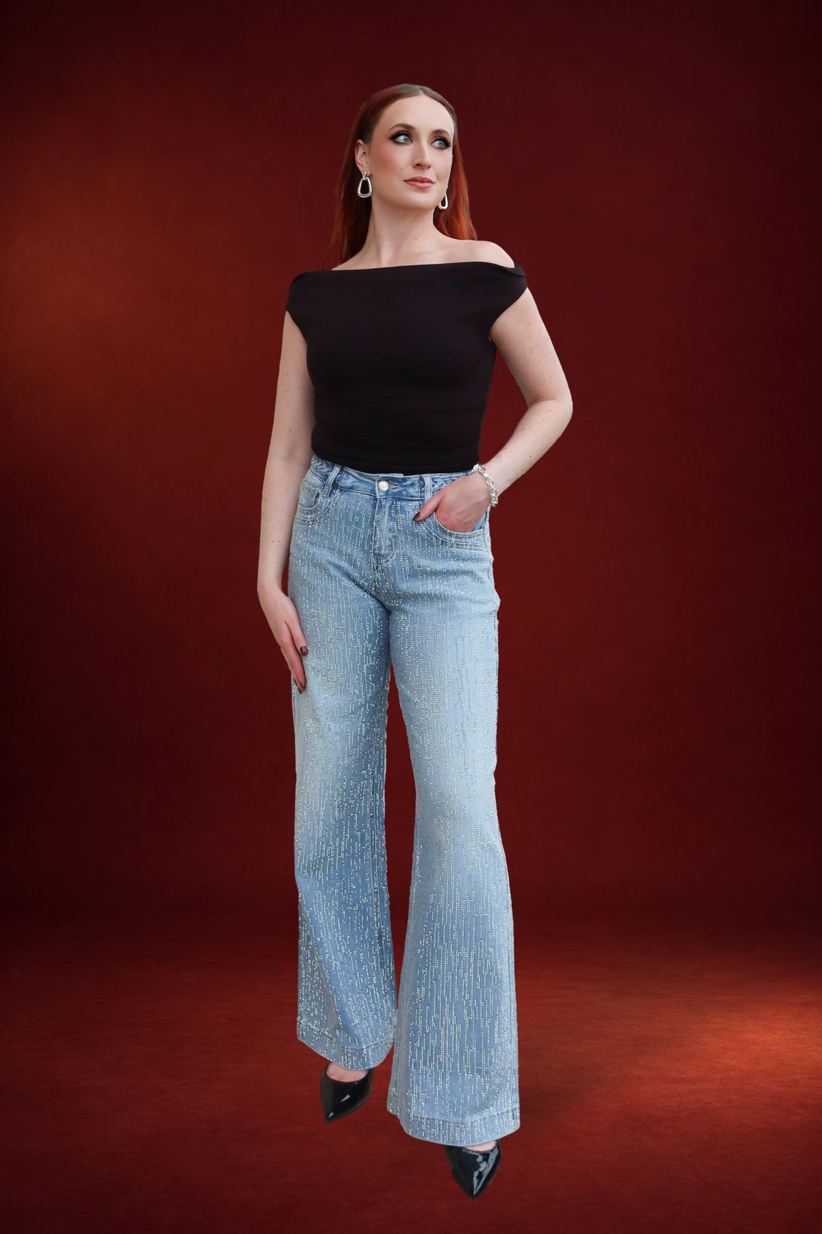 Amira Rhinestone Mid Rise Jeans