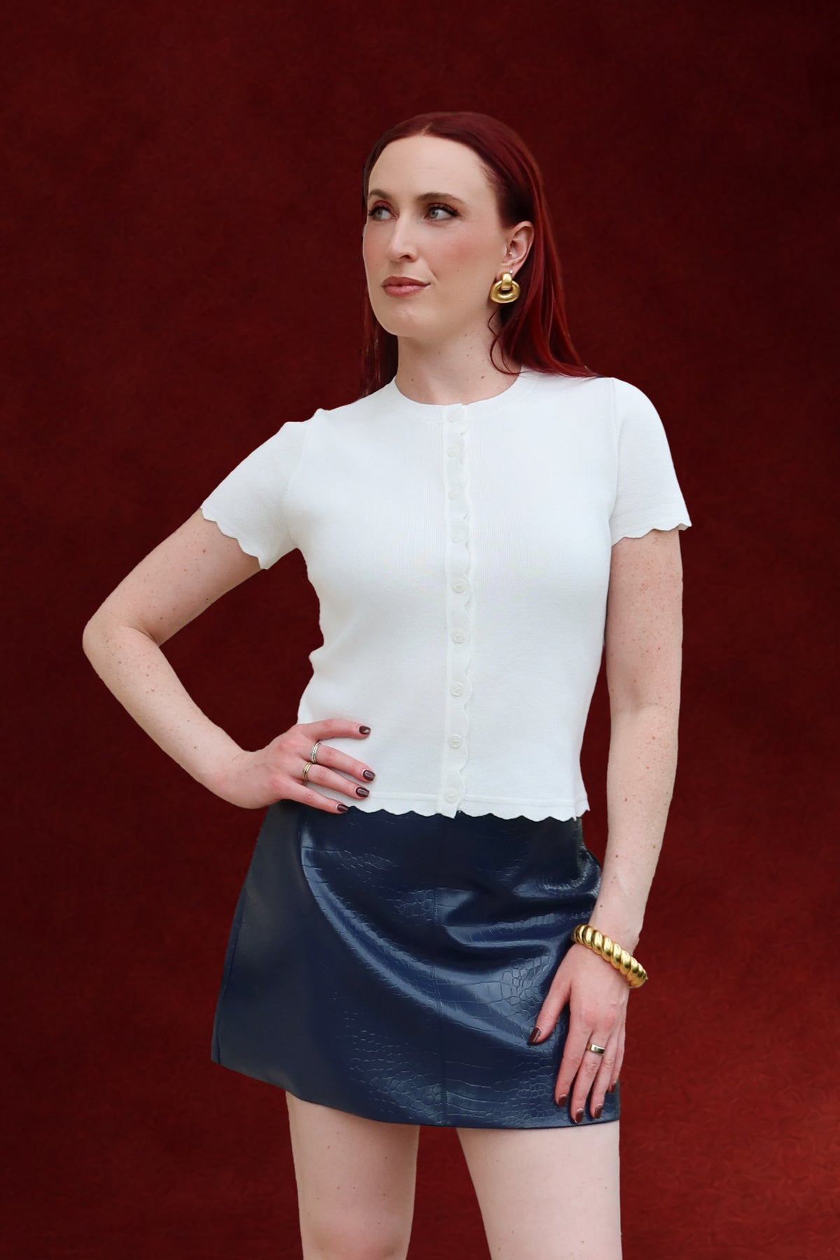 Millie Scalloped Short Sleeve Knit Cardigan in Ivory