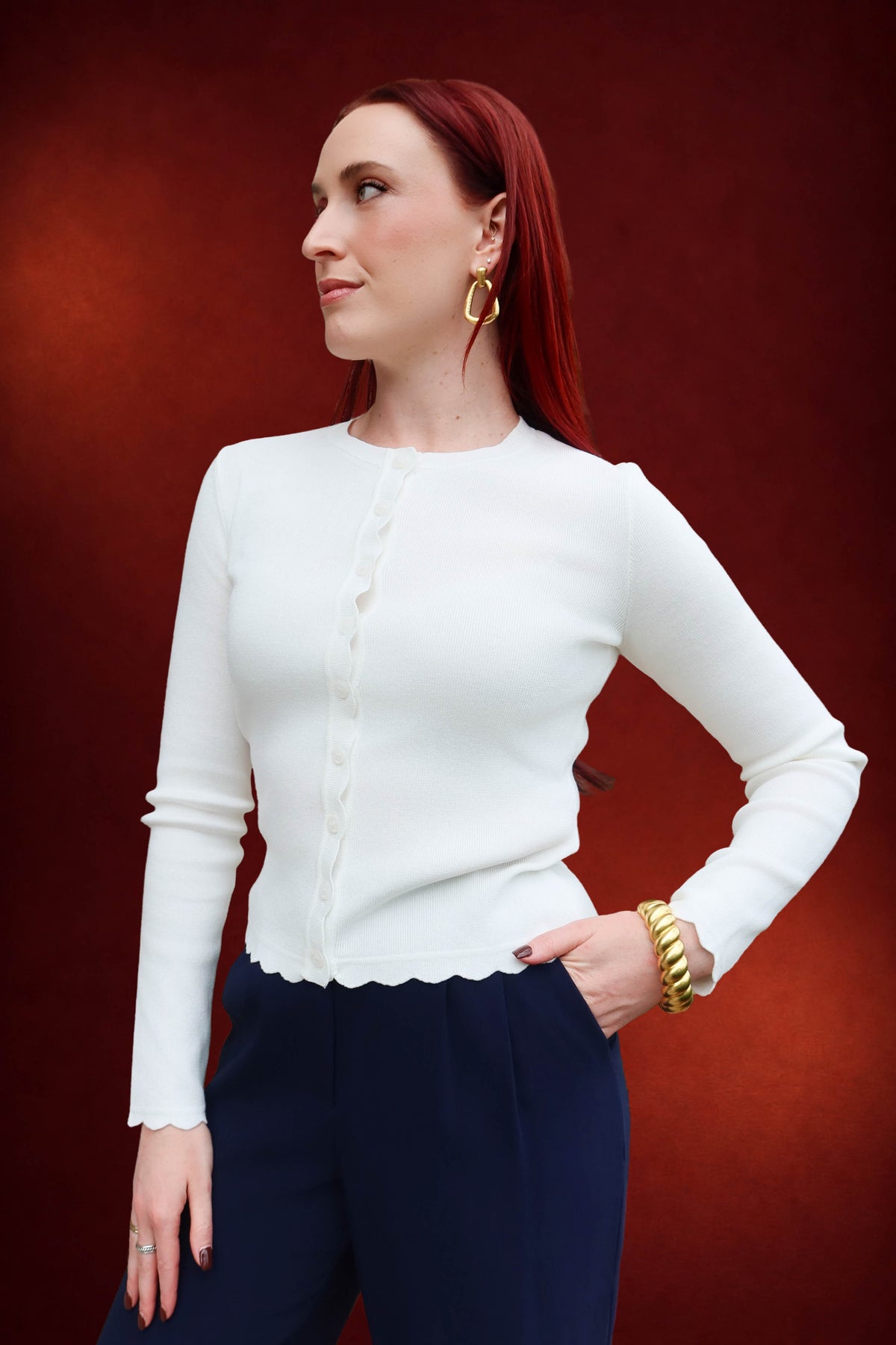 Madeline Scalloped Long Sleeve Knit Cardigan in Ivory