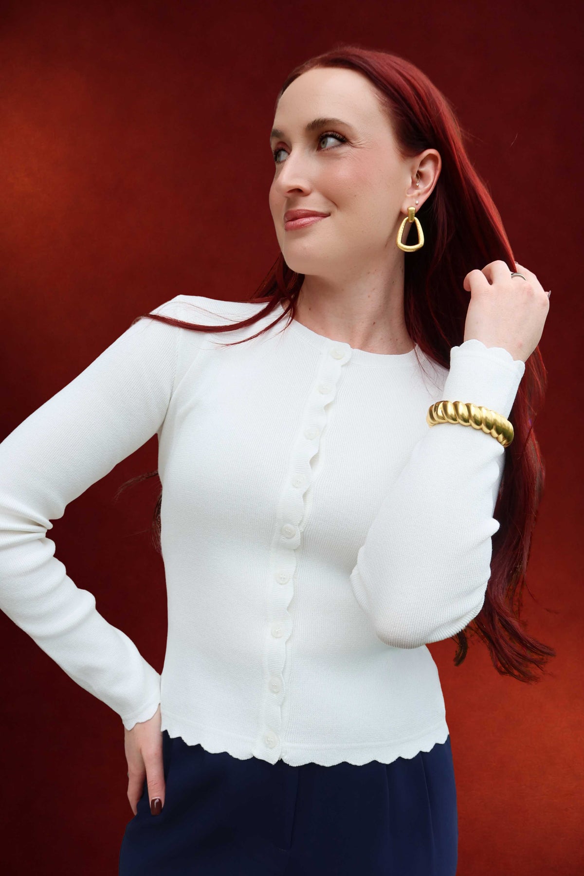 Madeline Scalloped Long Sleeve Knit Cardigan in Ivory