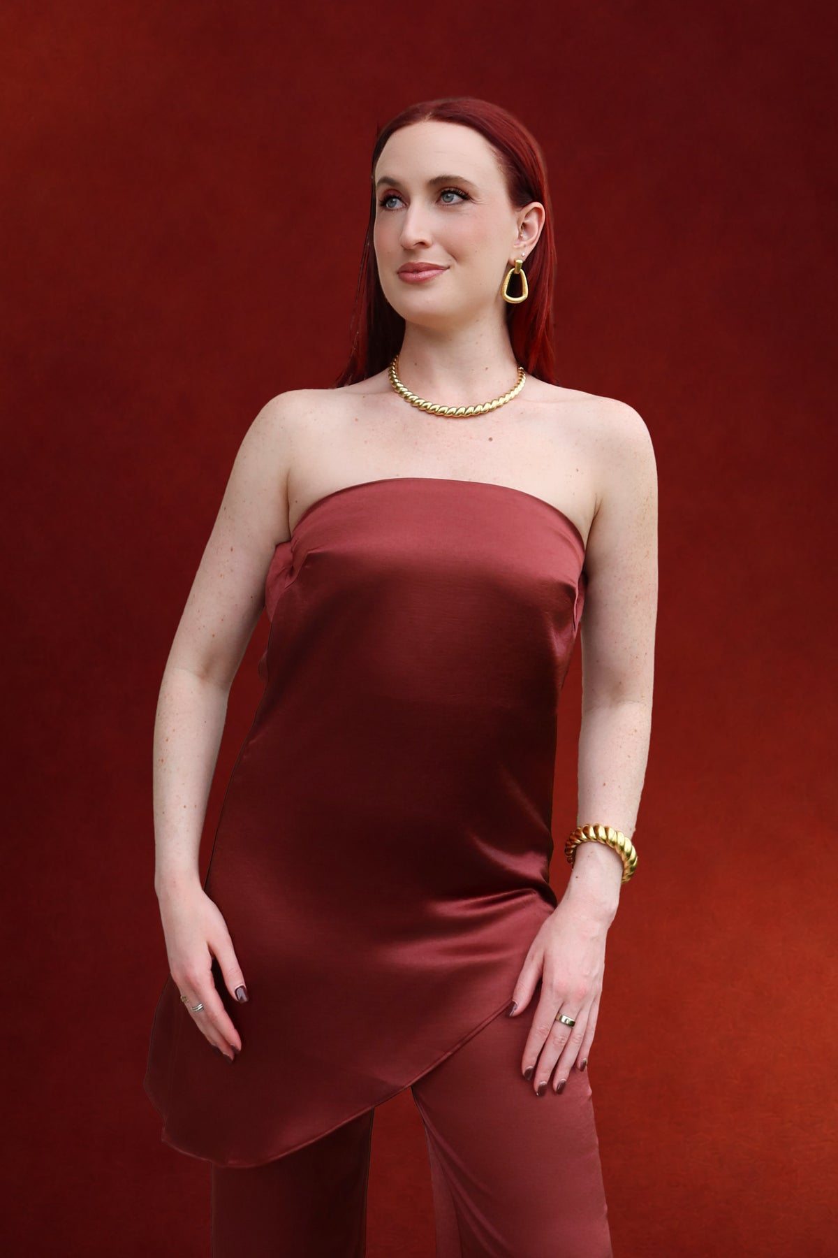 Kennedy Satin Strapless Top with Draped Back