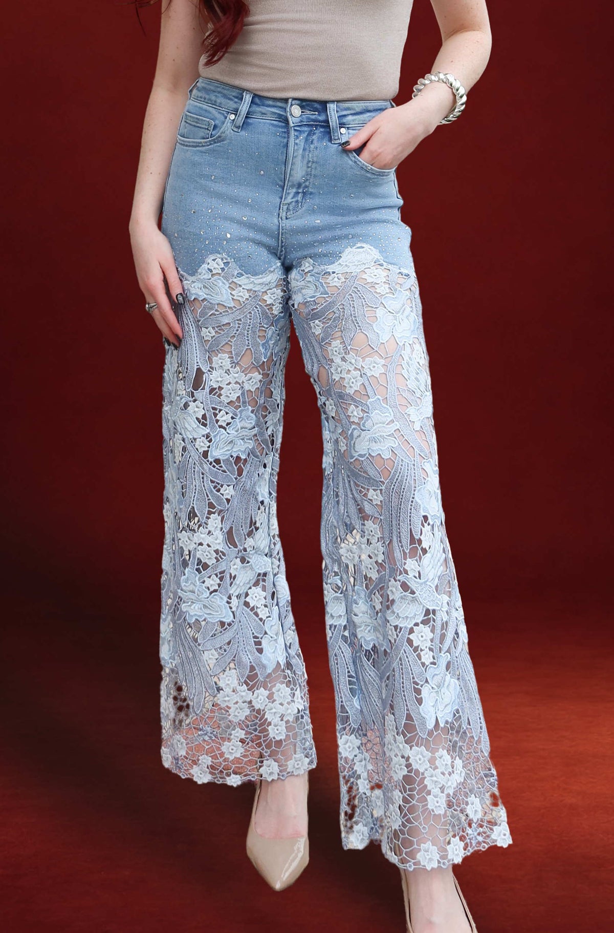 Lydia Embroidered Lace & Rhinestone Jeans