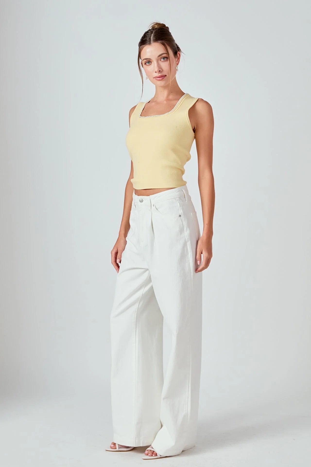 Theodora Pearl Trim Tank Top in Butter