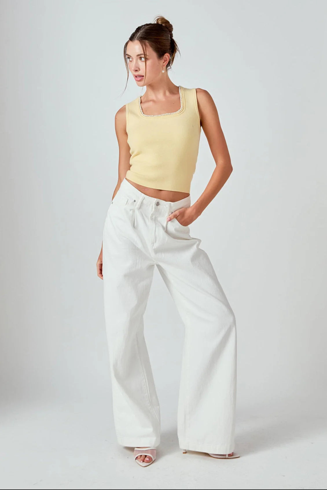 Theodora Pearl Trim Tank Top in Butter
