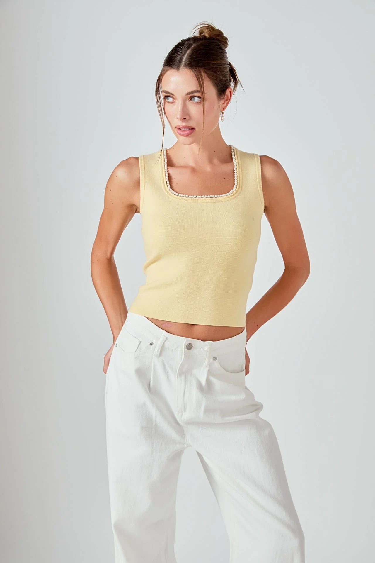 Theodora Pearl Trim Tank Top in Butter