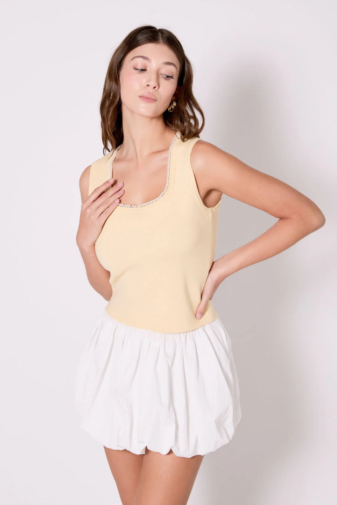 Theodora Pearl Trim Tank Top in Butter