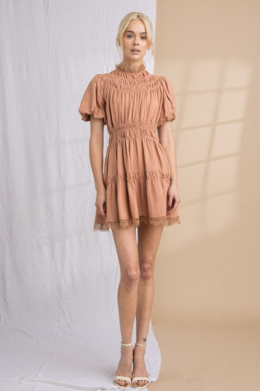 Terracotta Dress with Shirred Details and Lace Trim