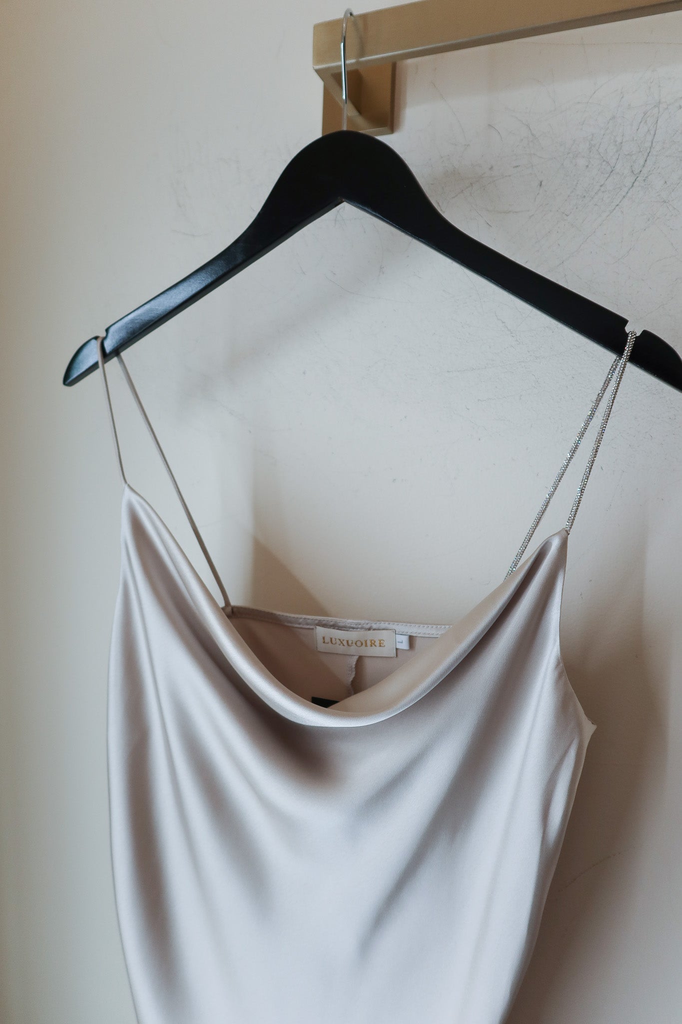 Rianna Satin Top with Single Bejeweled Strap in Champagne