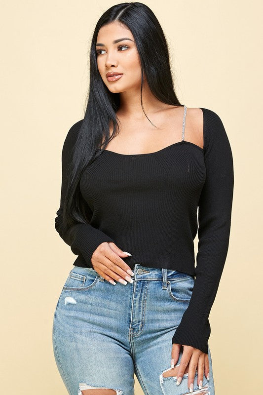 Sweetheart Knit Top with Rhinestone Straps in Black