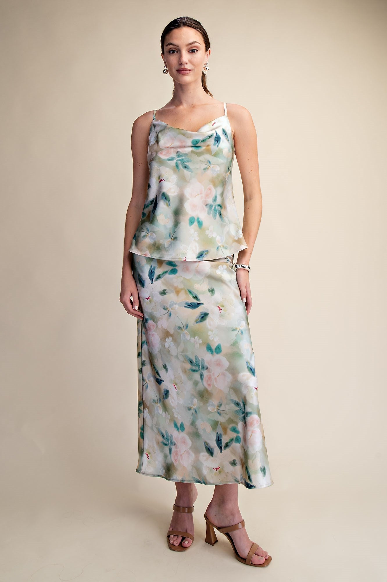 Elise Floral Satin Cowl Neck Top