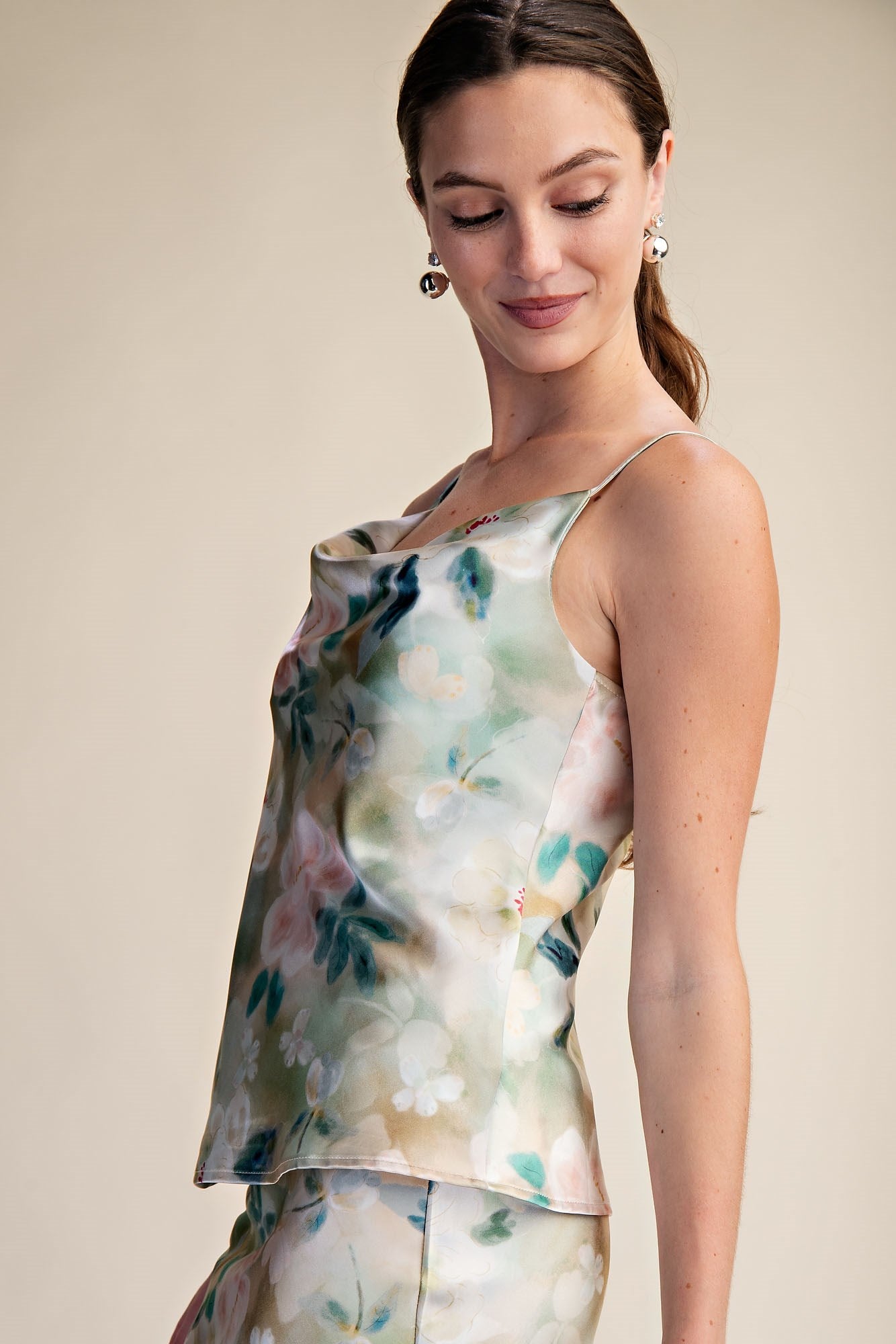 Elise Floral Satin Cowl Neck Top