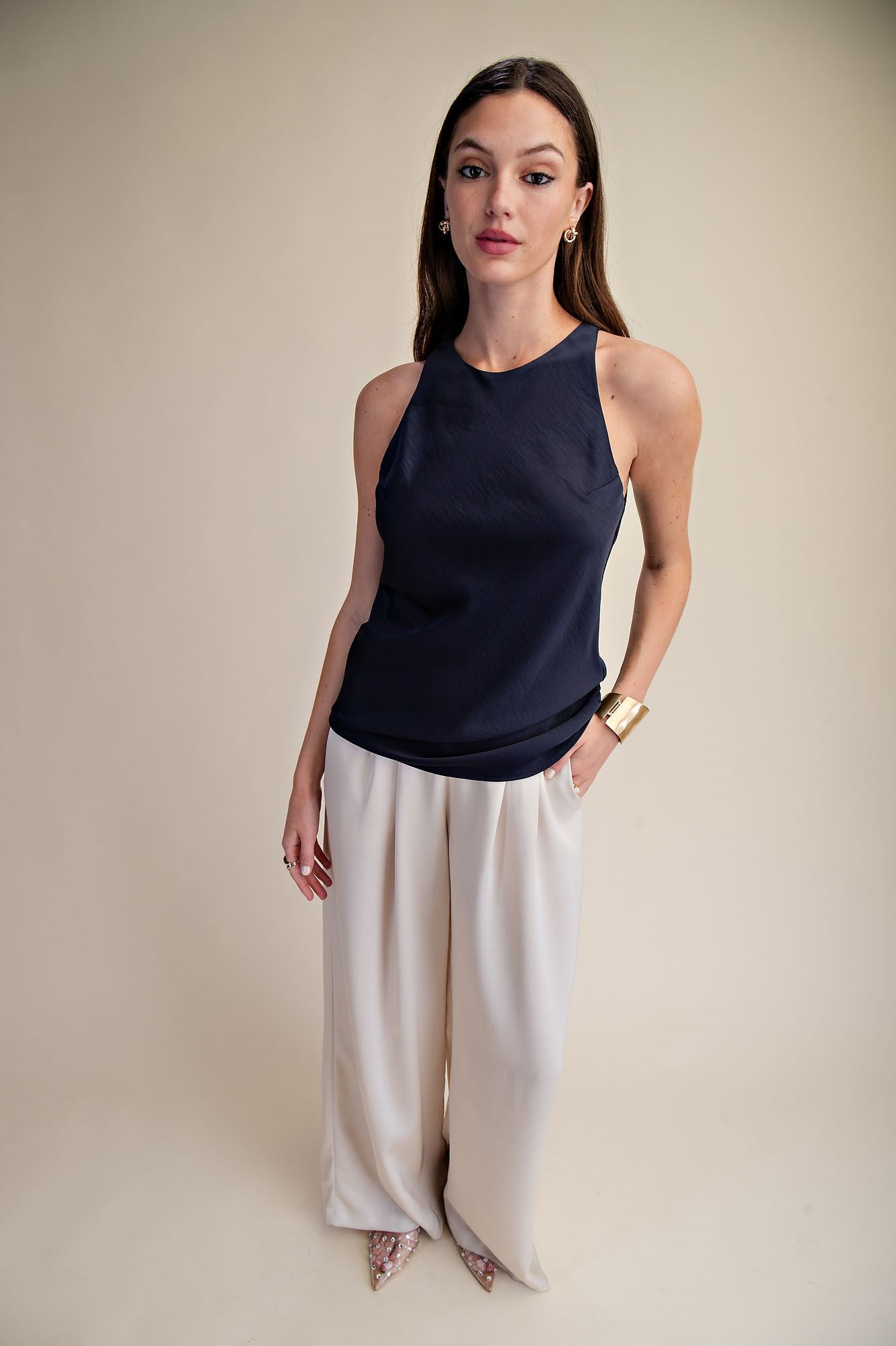 Cara Minimalist Satin Tank in Navy