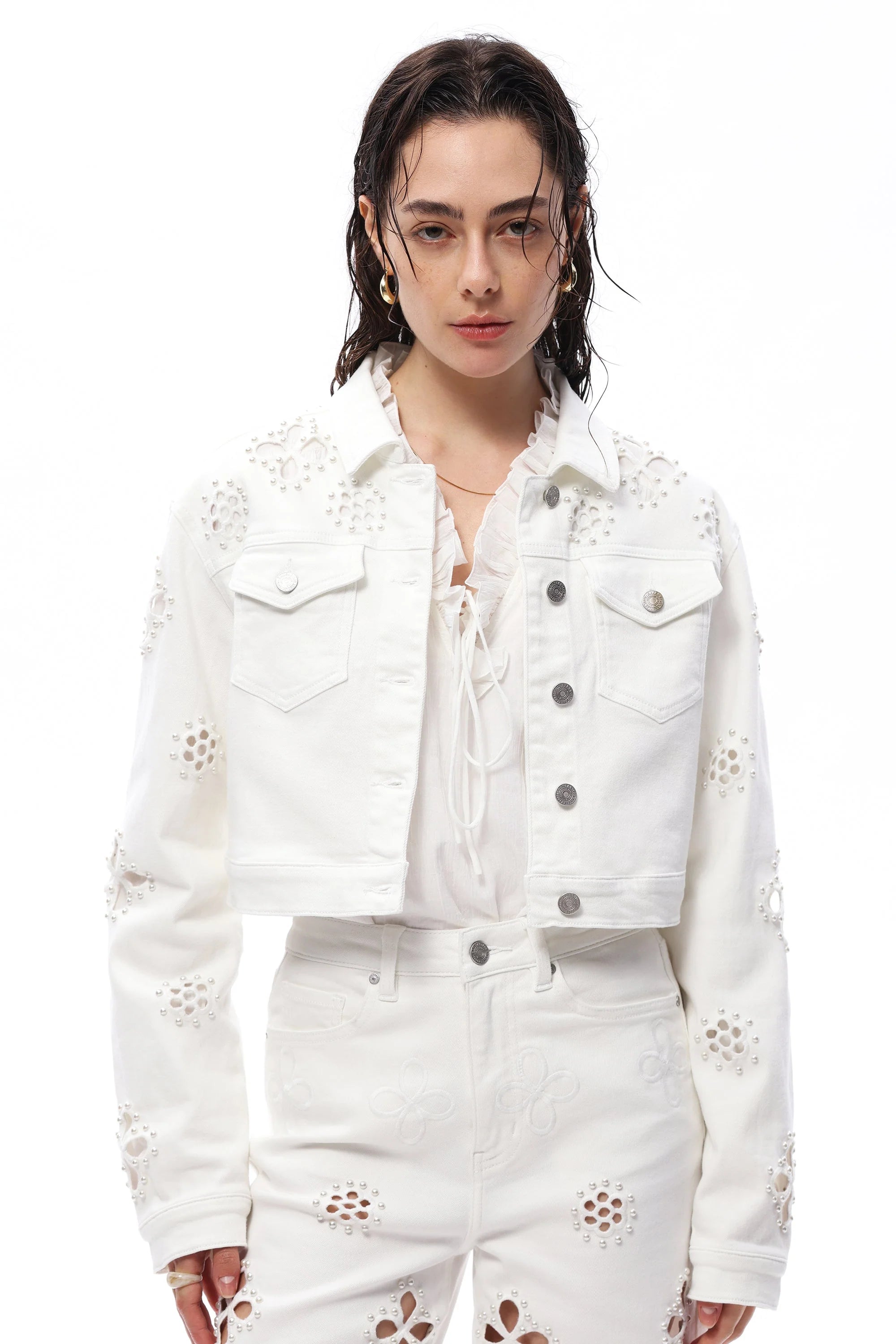 Fleur Pearl Embellished Denim Jacket