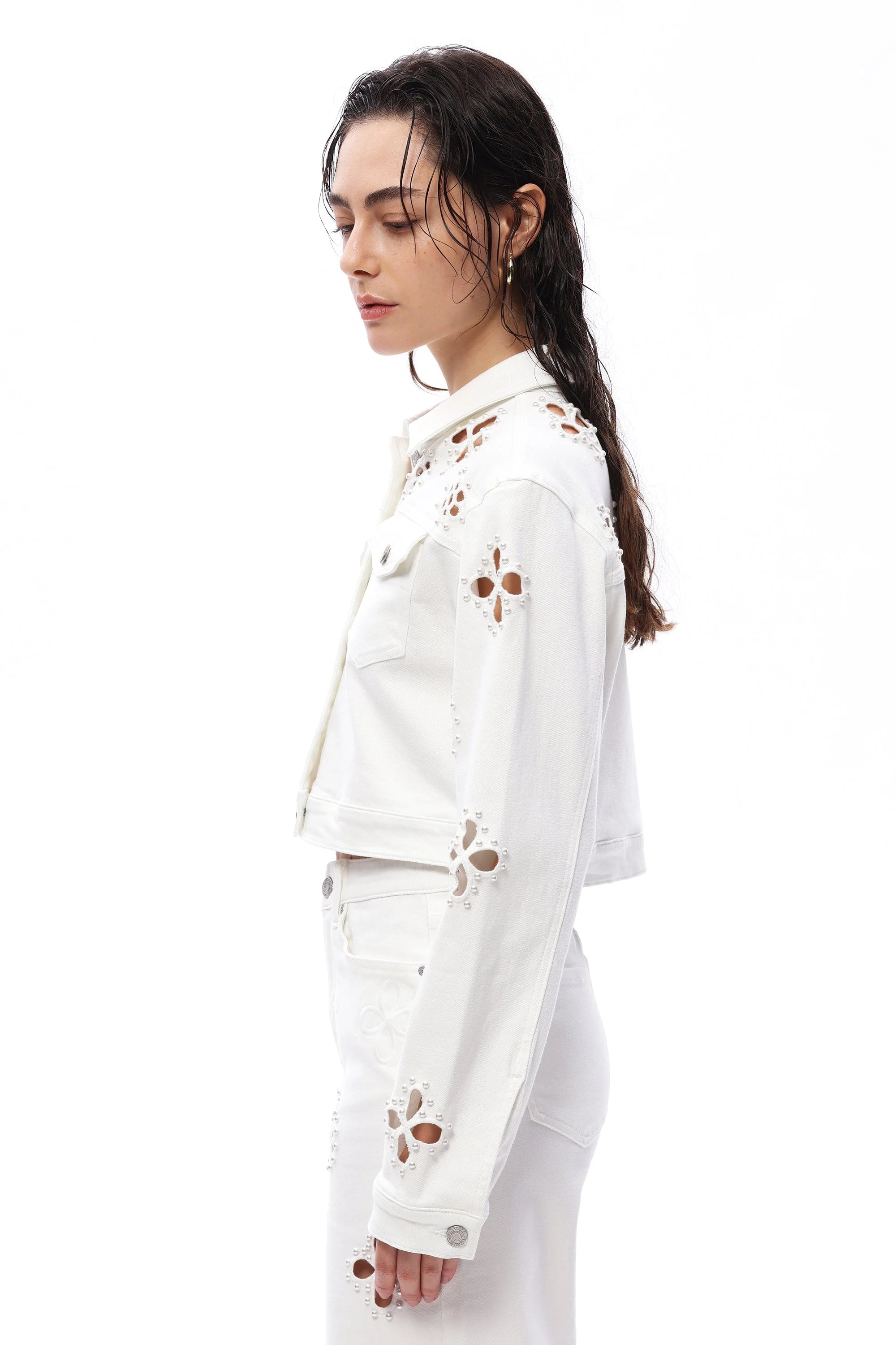 Fleur Pearl Embellished Denim Jacket