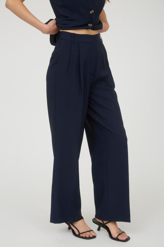 Maren Pleated Wide Leg Trousers in Navy