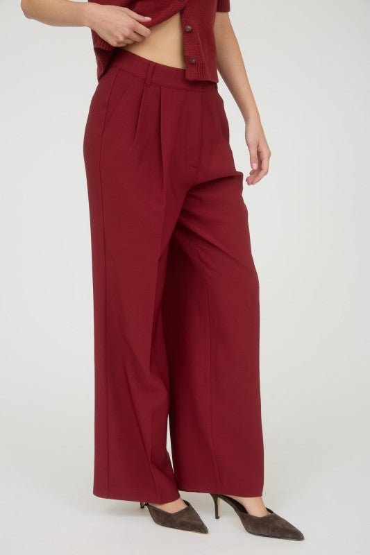 Maren Pleated Wide Leg Trousers in Burgundy