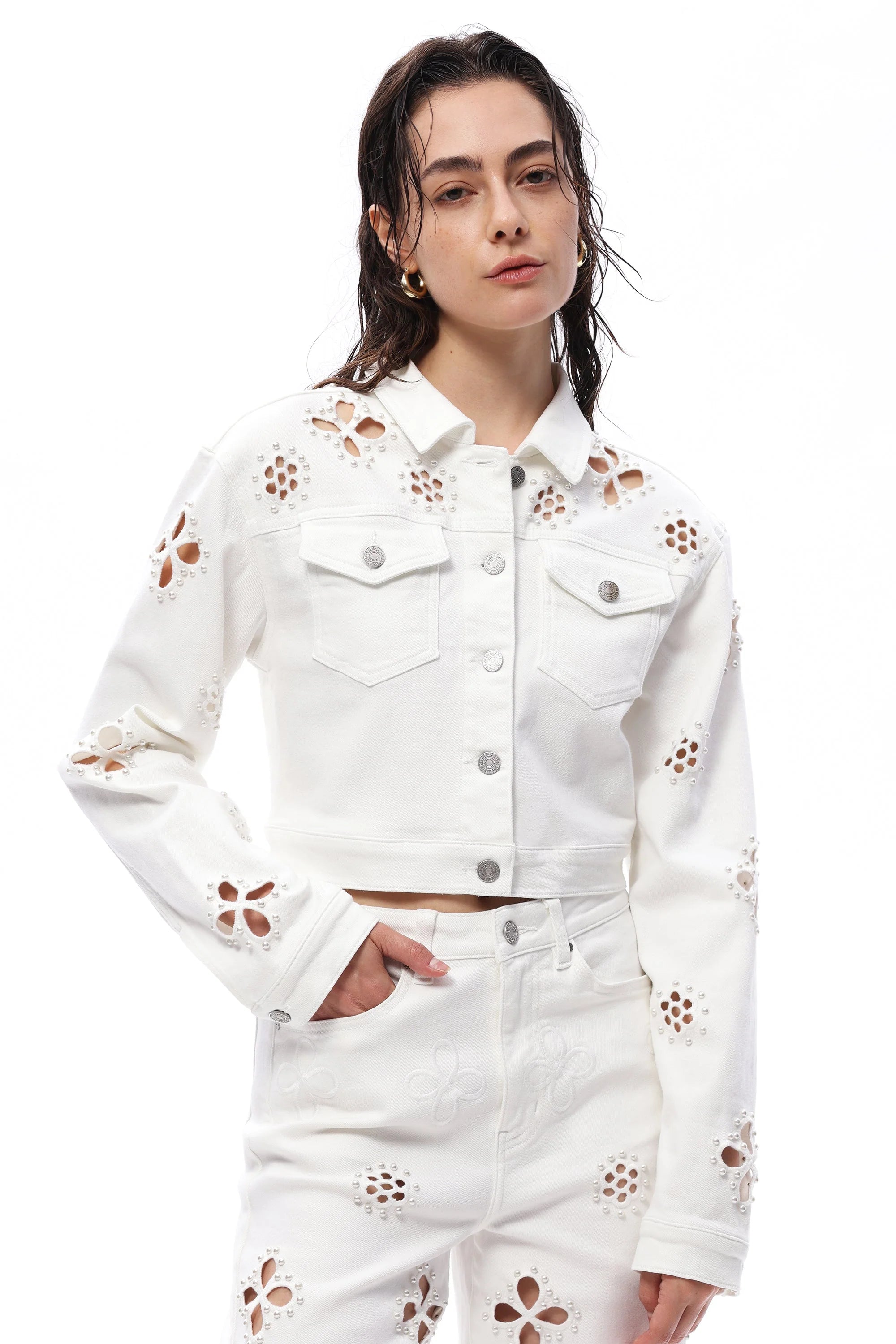 Fleur Pearl Embellished Denim Jacket