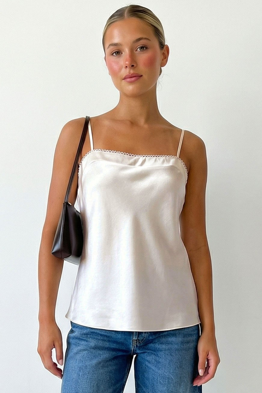 Marley Scallop Trim Satin Cami in Beige