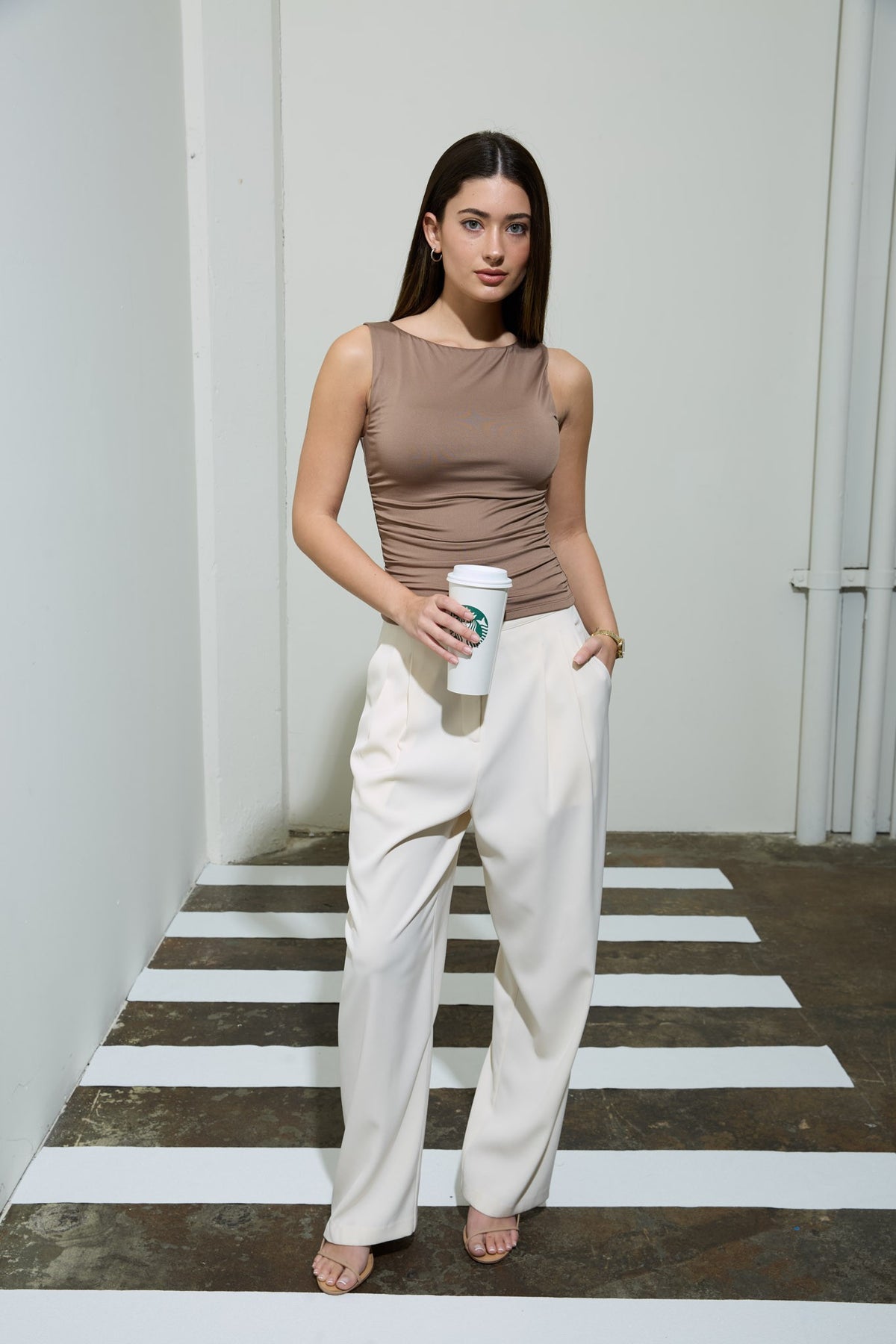 Marissa Ruched Sleeveless Top in Deep Taupe