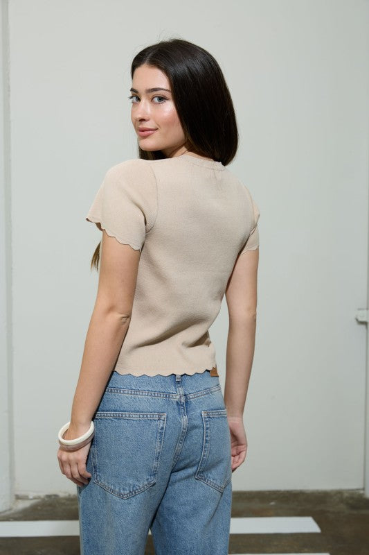Millie Scalloped Short Sleeve Knit Cardigan in Khaki