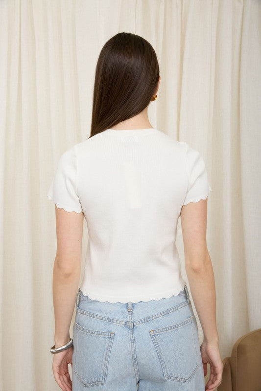 Millie Scalloped Short Sleeve Knit Cardigan in Ivory