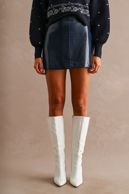 Camila Faux Crocodile Leather Mini Skirt in Navy